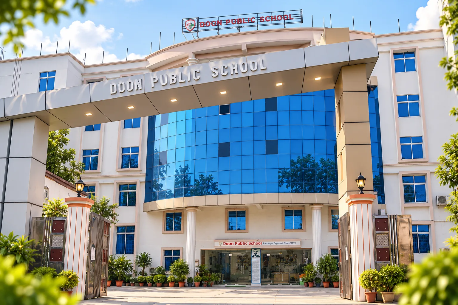 The main gate and glass-fronted main building of Doon Public School, Ramzanpur